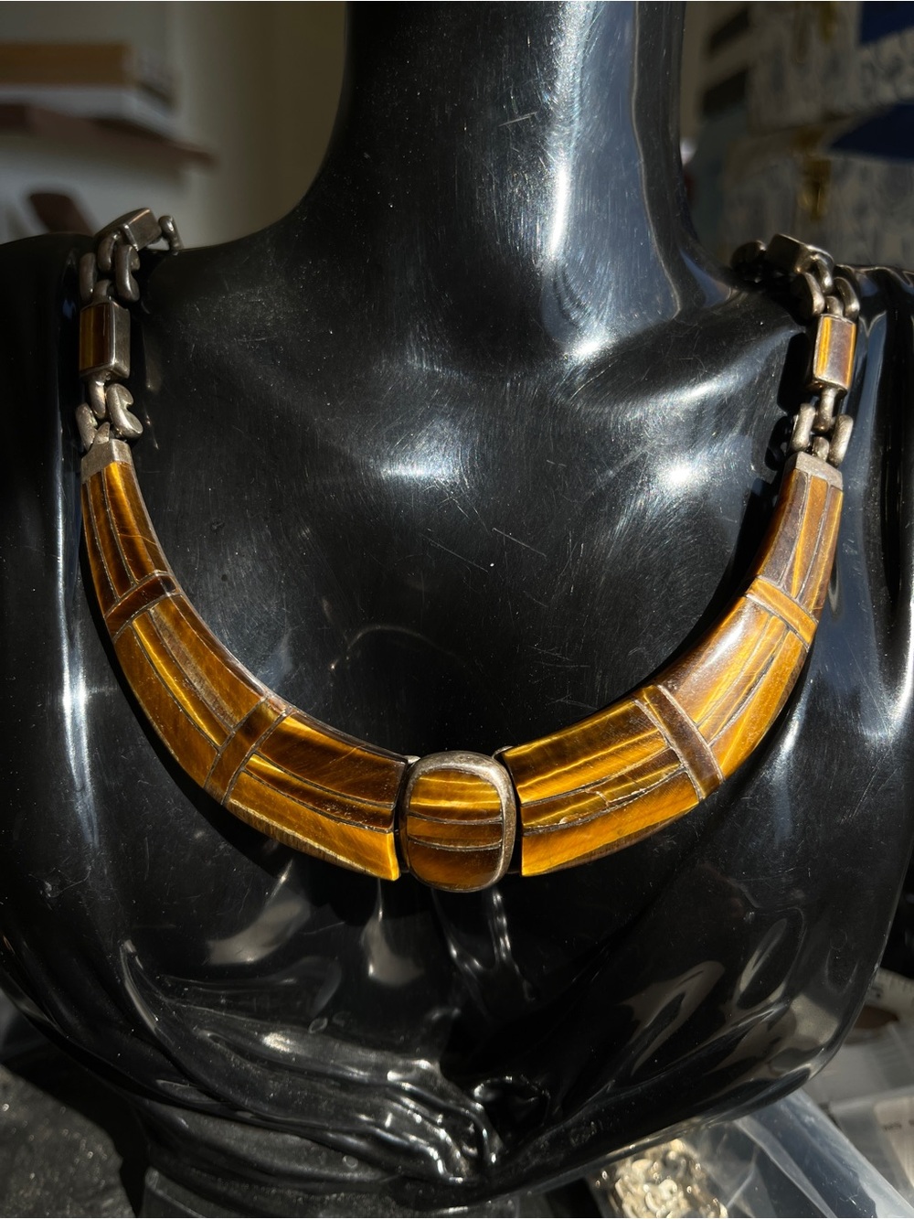 Vintage Escorcia Taxco Set Necklace Bracelet Tiger Eye 950 Sterling Silver 159g